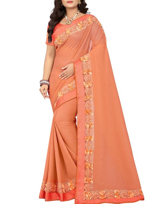 floral lace border orange saree with blouse - 15953113 - Very Small Image - 1