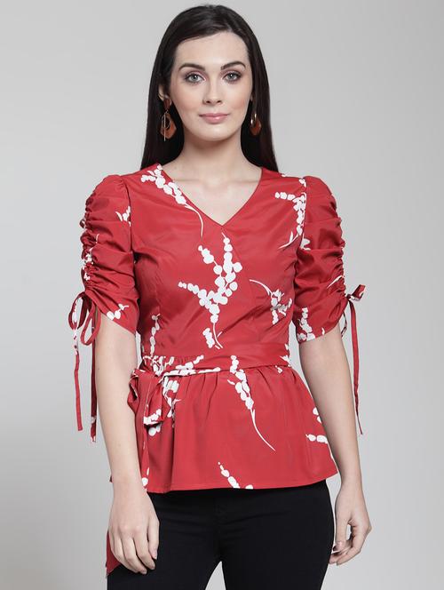 ruched sleeved tie up waist top - 15953248 - Very Small Image - 1