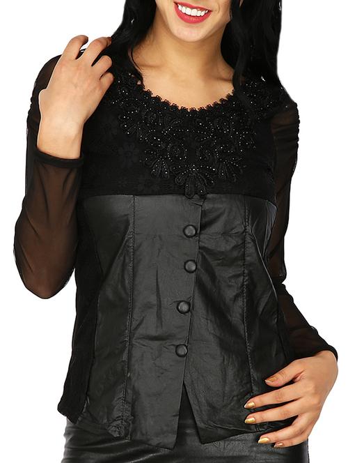 lace detail leather paneled button up top - 15953615 - Very Small Image - 1