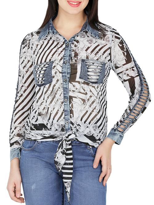 tie knot button up pocket patch top - 15953616 - Very Small Image - 1