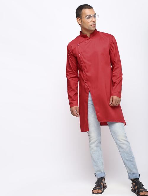 red cotton asymmetric kurta - 15953801 - Very Small Image - 1