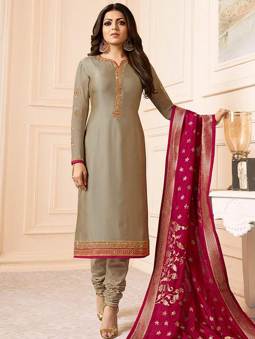 embroidered semi-stitched churidaar suit - 15953911 - Very Small Image - 1