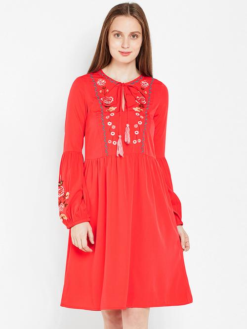 tie up neck embroidered a-line dress - 15956787 - Very Small Image - 1