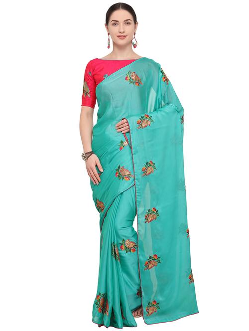 conversational turquoise embroidered saree with blouse - 15957579 - Very Small Image - 1