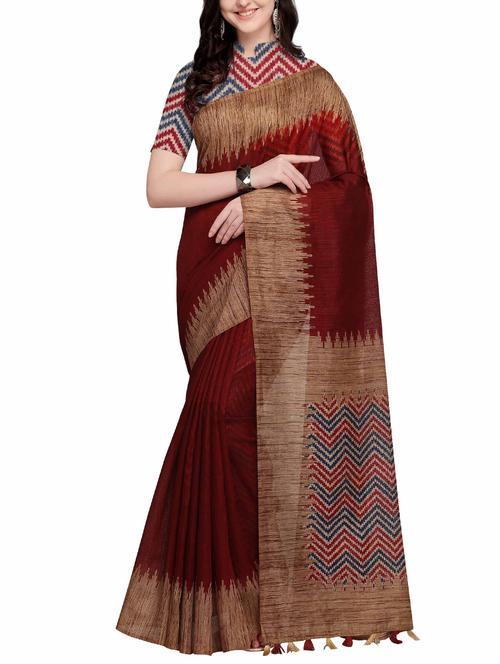 contrast border maroon woven saree with blouse - 15957581 - Very Small Image - 1