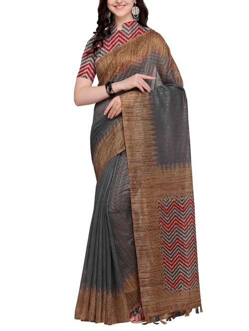 geometrical border grey woven saree with blouse - 15957583 - Very Small Image - 1