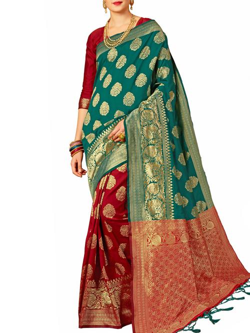 half & half floral zari banarasi saree with blouse - 15957590 - Very Small Image - 1