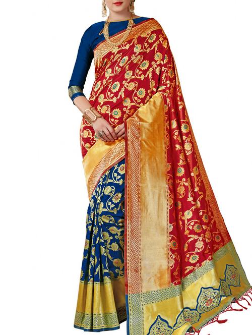 half & half floral zari banarasi saree with blouse - 15957592 - Very Small Image - 1