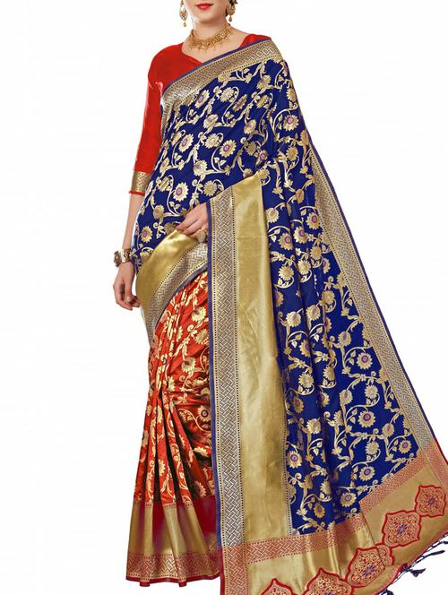 half & half floral zari banarasi saree with blouse - 15957593 - Very Small Image - 1