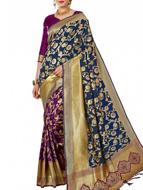 half & half floral zari banarasi saree with blouse - 15957595 - Very Small Image - 1