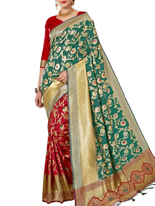 half & half floral zari banarasi saree with blouse - 15957596 - Very Small Image - 1