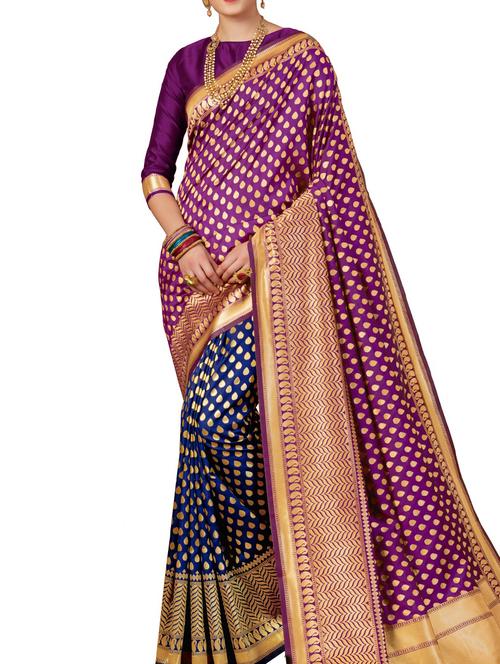 half & half zari banarasi saree with blouse - 15957599 - Very Small Image - 1