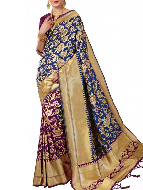 half & half floral zari banarasi saree with blouse - 15957604 - Very Small Image - 1