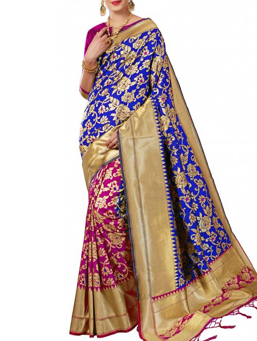 half & half floral zari banarasi saree with blouse - 15957605 - Very Small Image - 1