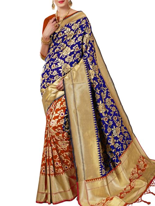 half & half floral zari banarasi saree with blouse - 15957606 - Very Small Image - 1