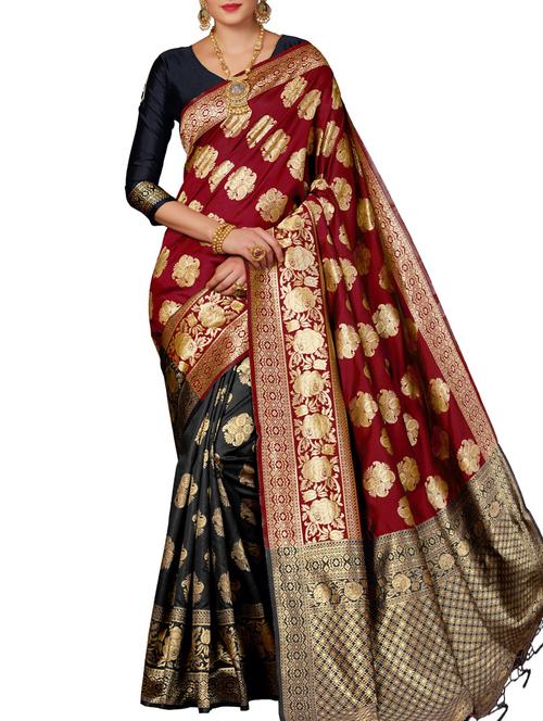 half & half floral zari banarasi saree with blouse - 15957609 - Very Small Image - 1