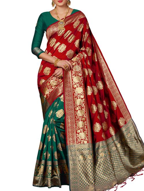 half & half floral zari banarasi saree with blouse - 15957612 - Very Small Image - 1