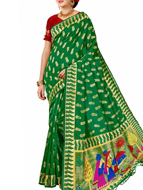 zari motif green banarasi saree with blouse - 15957622 - Very Small Image - 1