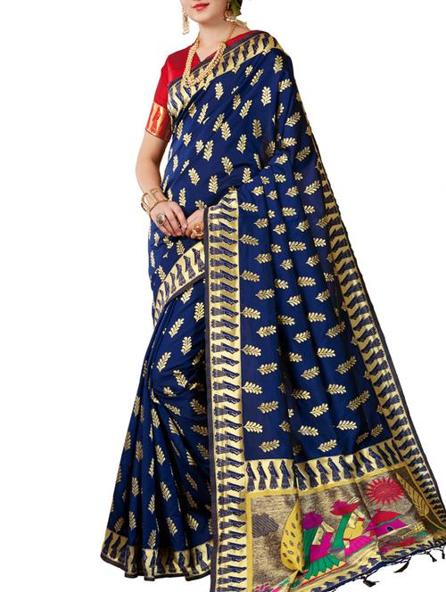 zari motif navy blue banarasi saree with blouse - 15957623 - Very Small Image - 1