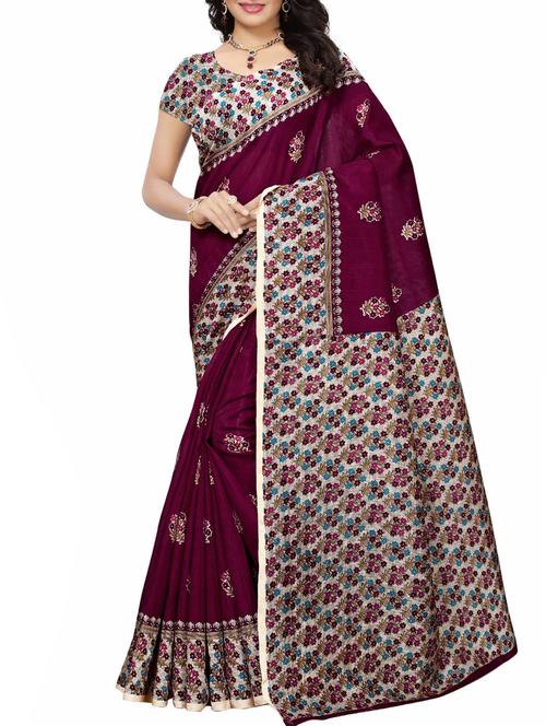 floral wine mysore silk saree with blouse - 15957666 - Very Small Image - 1