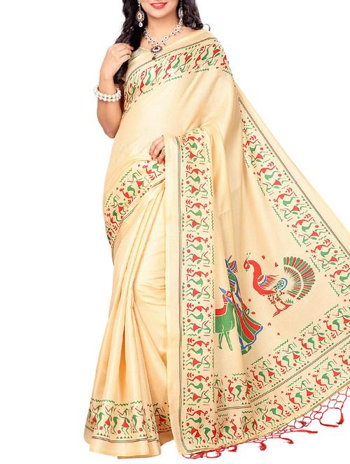 kalamkari cream printed saree with blouse - 15957748 - Very Small Image - 1