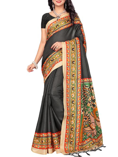 kalamkari border black printed saree with blouse - 15957750 - Very Small Image - 1
