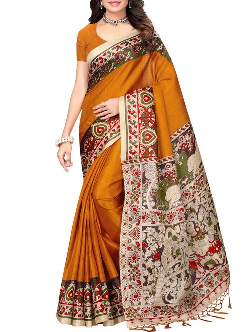kalamkari mustard printed saree with blouse - 15957765 - Very Small Image - 1