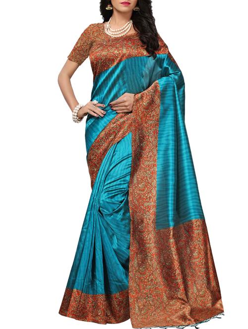 kalamkari border blue printed saree with blouse - 15957801 - Very Small Image - 1