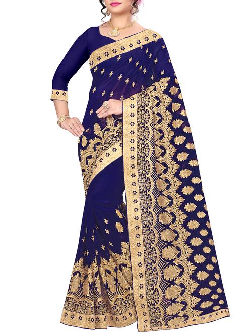 zari embroidered navy blue saree - 15958278 - Very Small Image - 1