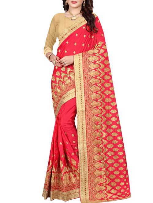 zari embroidered coral red saree - 15958285 - Very Small Image - 1