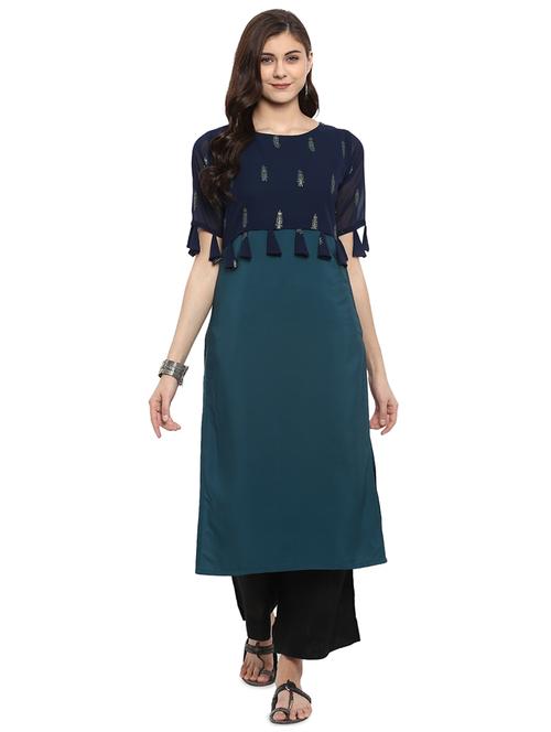 teal printed straight kurta with tassels - 15958391 - Very Small Image - 1