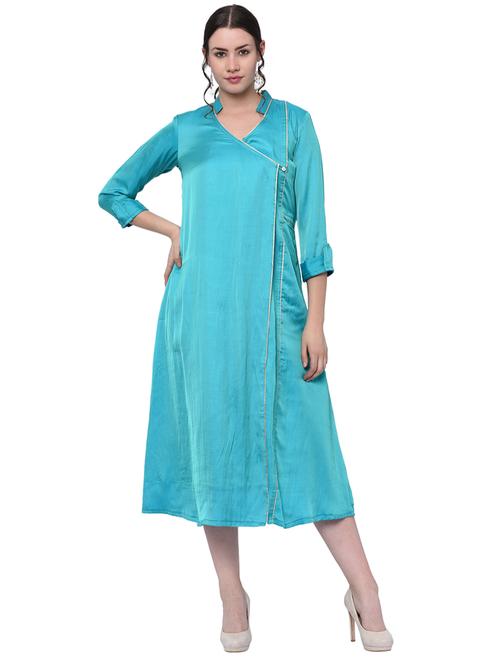 turqouise silk blend solid dress - 15958856 - Very Small Image - 1