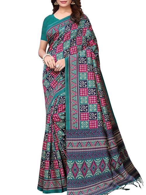 checkered ethnic motif printed saree with blouse - 15958890 - Very Small Image - 1