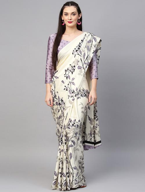 leaf motif printed saree with blouse - 15958917 - Very Small Image - 1