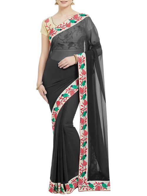 solid bordered saree with blouse - 15959390 - Very Small Image - 1