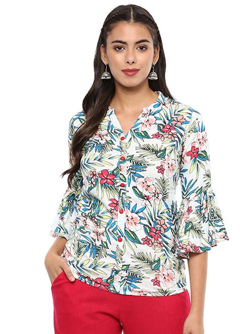 mandarin neck tropical button up top - 15961473 - Very Small Image - 1