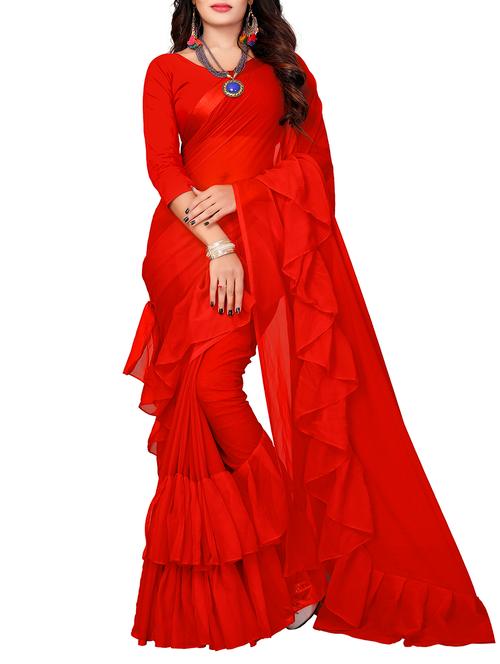ruffle border blood red saree - 15962018 - Very Small Image - 1