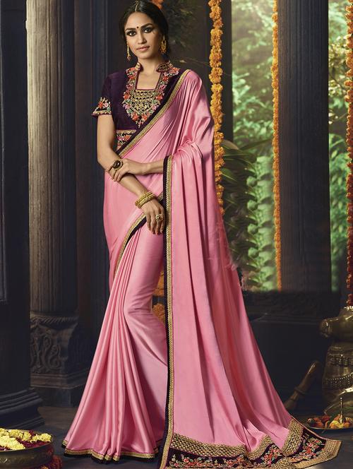 embroidered border pink saree with blouse - 15964741 - Very Small Image - 1