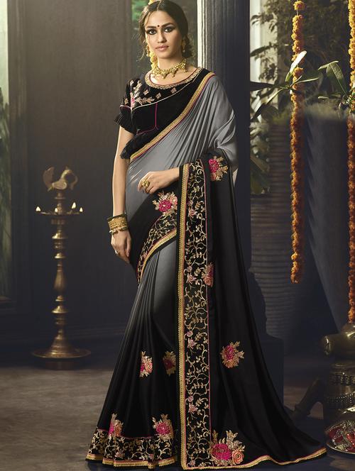 floral embroidered grey saree with blouse - 15964744 - Very Small Image - 1