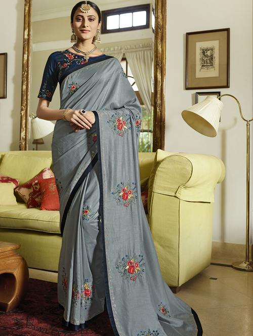 floral embroidered grey saree with blouse - 15964747 - Very Small Image - 1