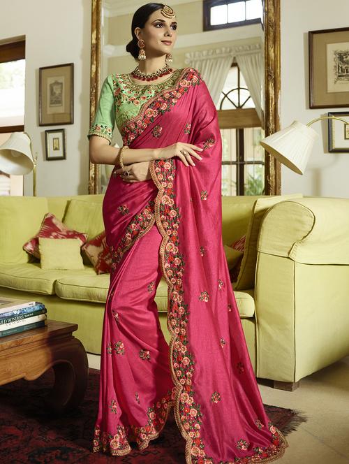 floral magenta embroidered saree with blouse - 15964748 - Very Small Image - 1
