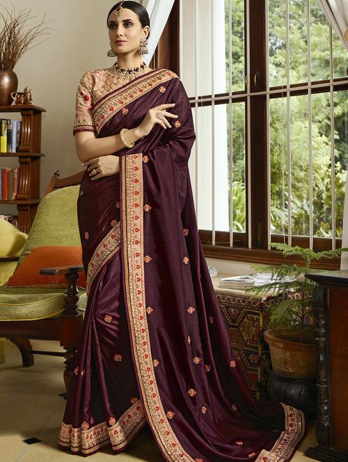 floral embroidered burgundy saree with blouse - 15964749 - Very Small Image - 1