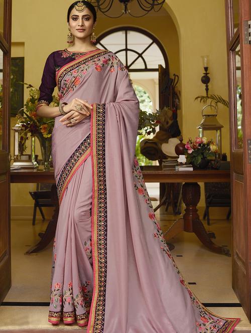 floral purple embroidered saree with blouse - 15964752 - Very Small Image - 1