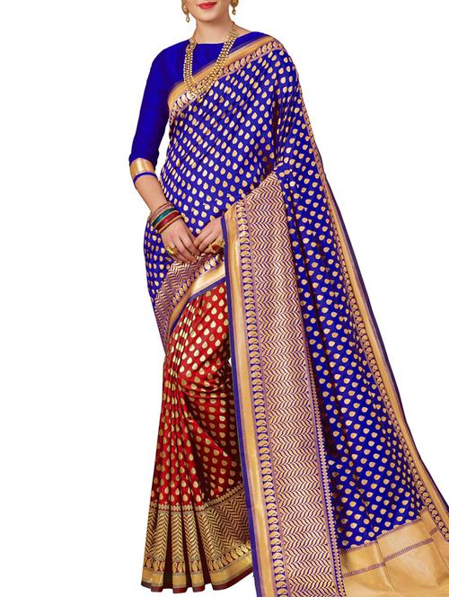 half & half zari motif navy banarasi saree with blouse - 15964870 - Very Small Image - 1