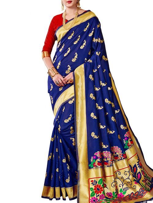 conversational zari motif navy paithani saree with blouse - 15964885 - Very Small Image - 1