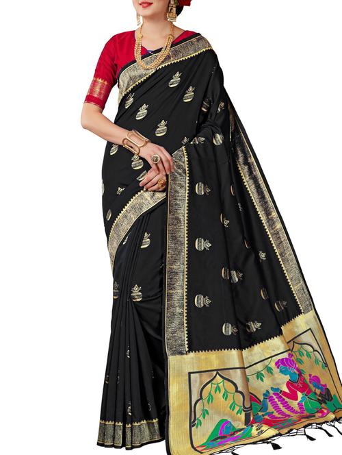 conversational zari motif black paithani saree with blouse - 15964897 - Very Small Image - 1