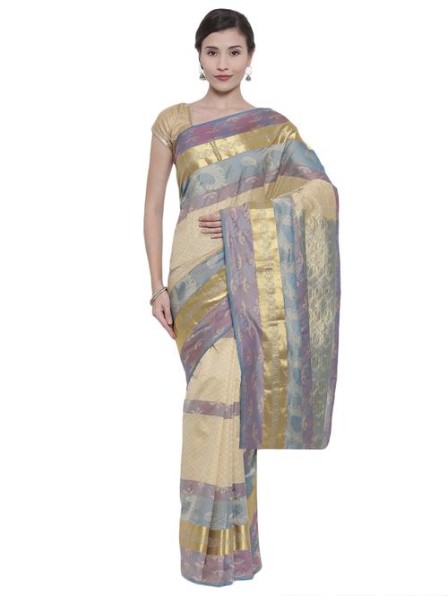 contrast zari border beige kanjivaram saree - 15966809 - Very Small Image - 1