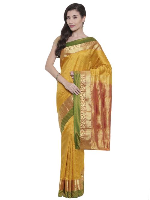 floral zari border mustard kanjivaram saree - 15966859 - Very Small Image - 1