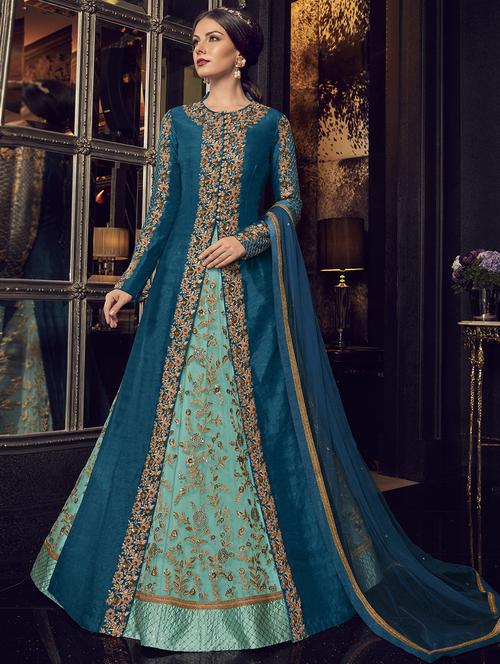 embroidered semi-stitched layered suit - 15967040 - Very Small Image - 1