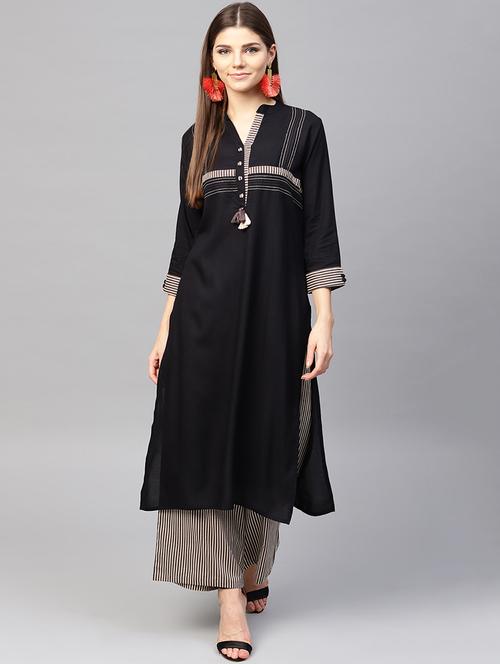 embroidered patch work kurta with stripes palazzo set - 15967584 - Very Small Image - 1